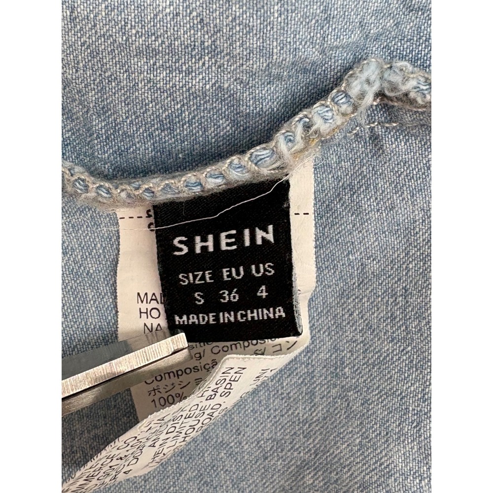 SHEIN Denim Shirt Light‎ Wash 100% Cotton Button Down Pockets Small 4 - Picture 6 of 7